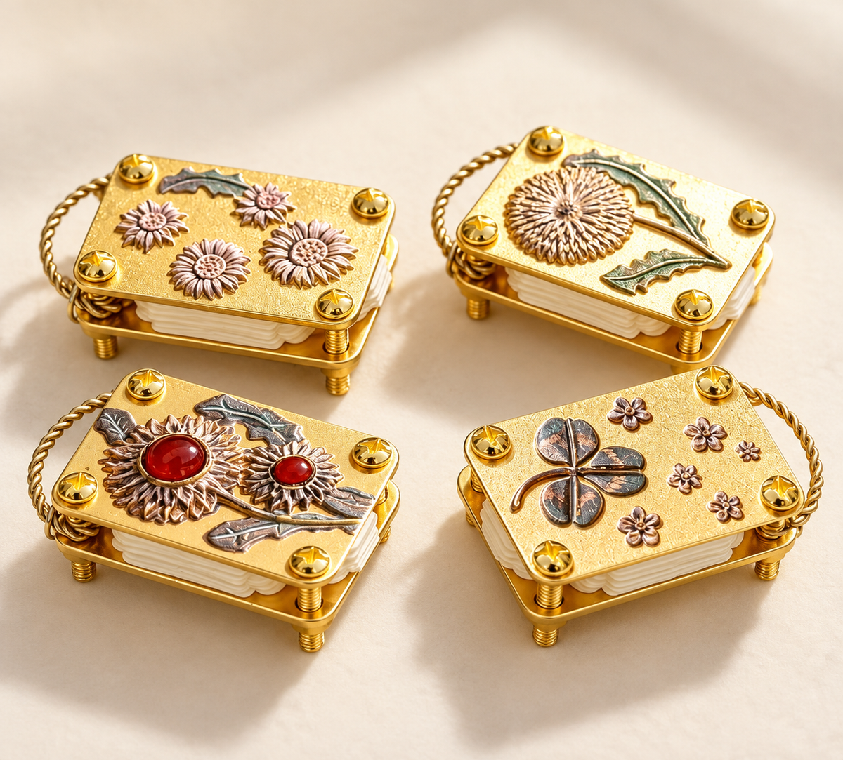 Four assorted botanical micro flower press styles on an ivory background; sold individually.