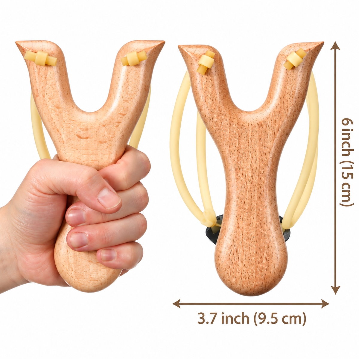 Wooden slingshot shown in hand and with dimensions of 6 inches tall by 3.7 inches wide