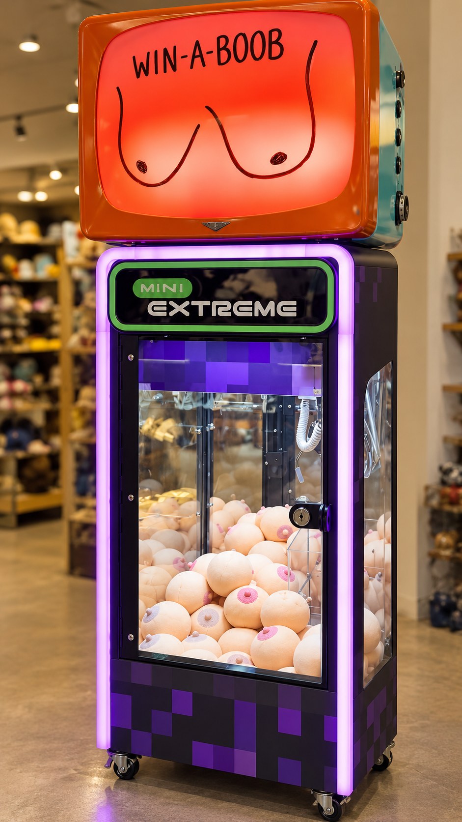 The illuminated Win-a-Boob claw machine at FLORA & FAUNA
