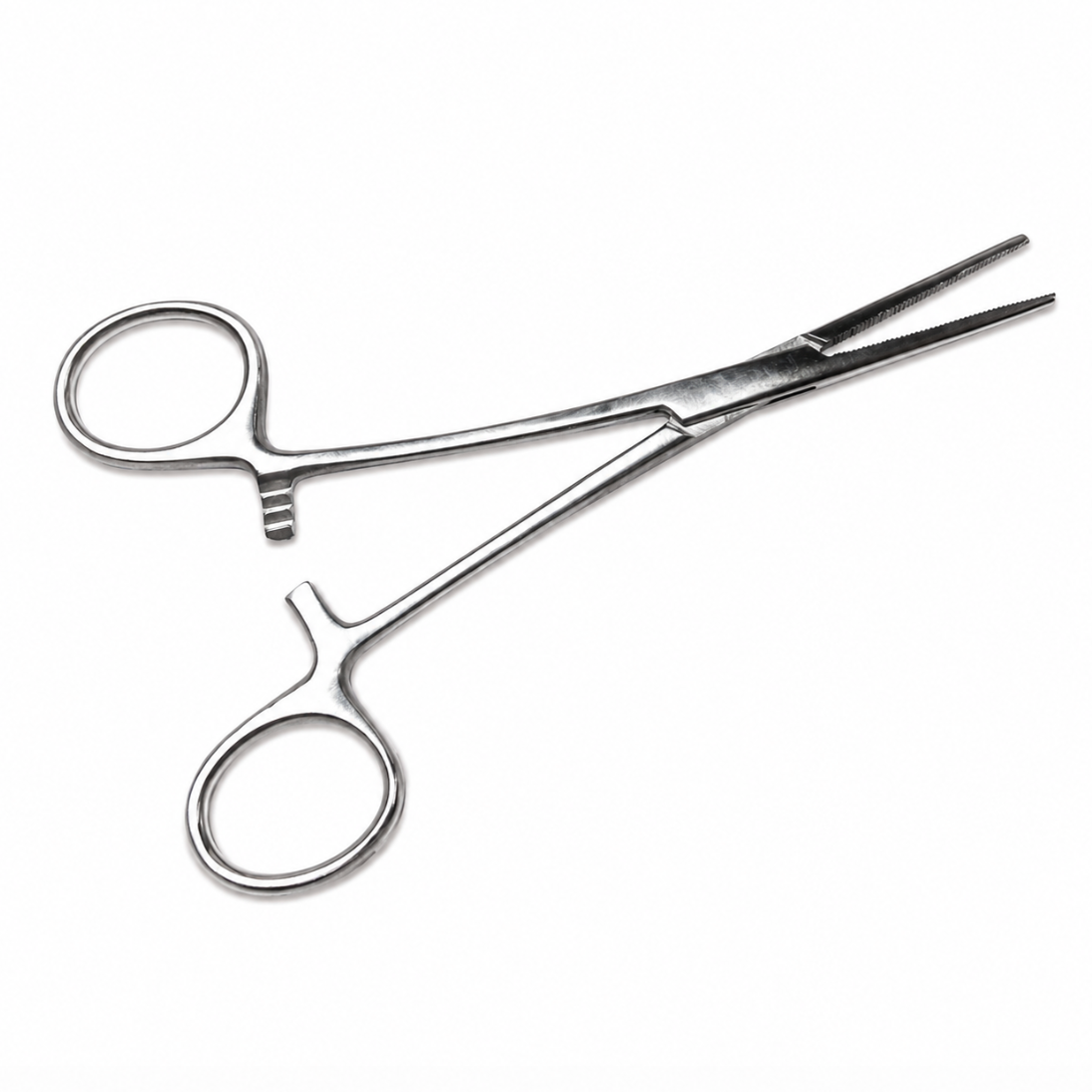 Metal surgical-style clamp with ring handles and serrated jaws