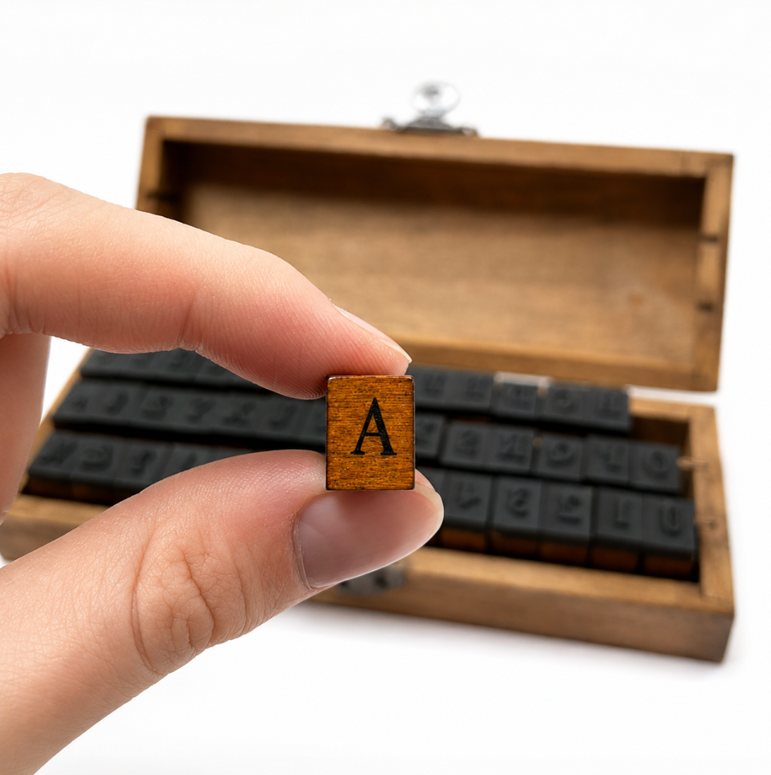 Vintage-style letter and number stamp kit in a wooden box alternate view