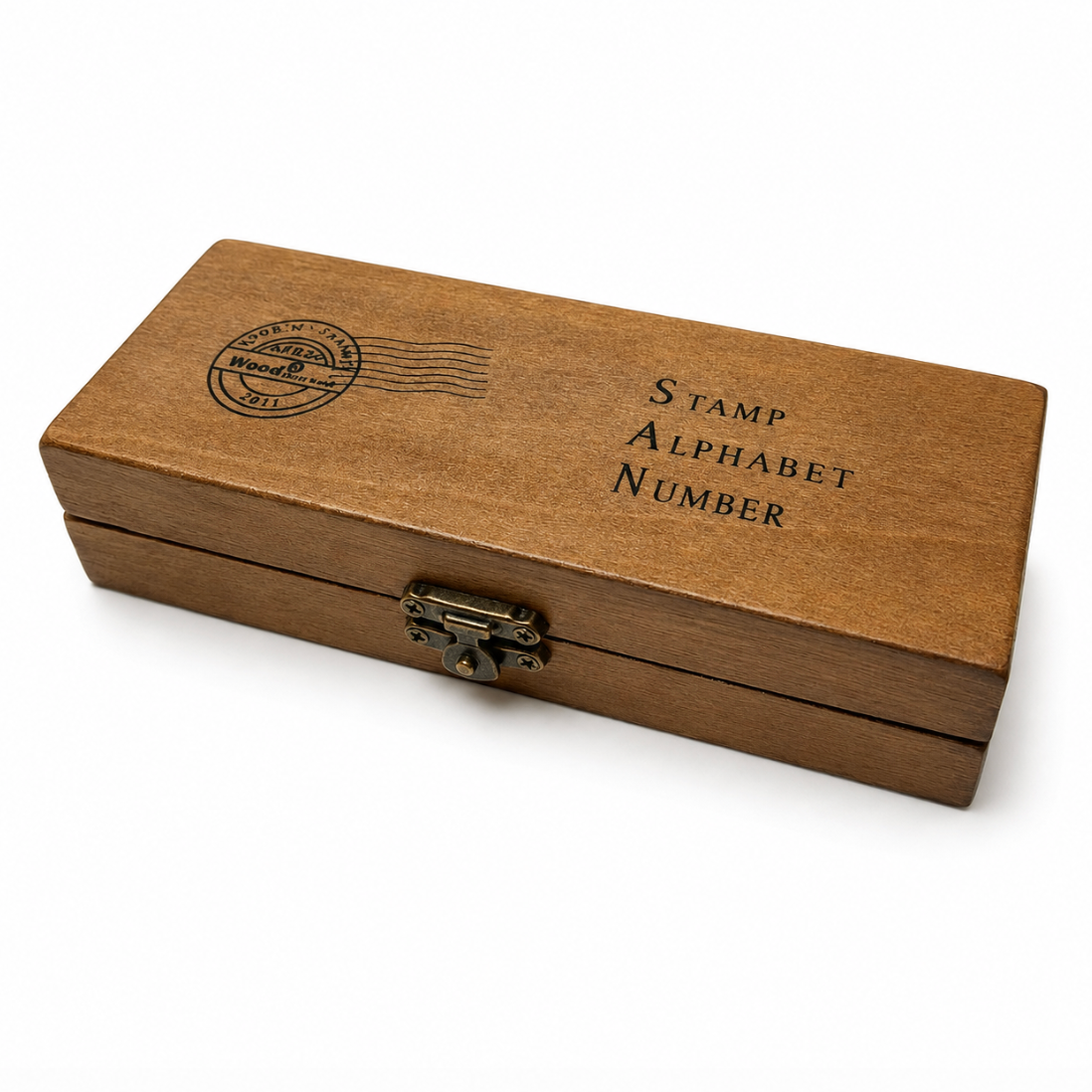 Vintage-style letter and number stamp kit in a wooden box alternate view