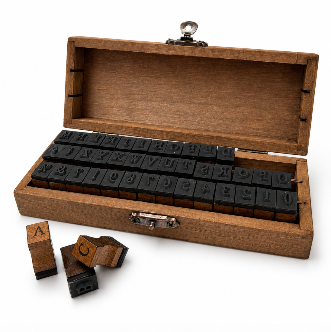 Vintage-style letter and number stamp kit in a wooden box