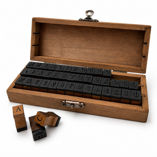 Vintage-style letter and number stamp kit in a wooden box