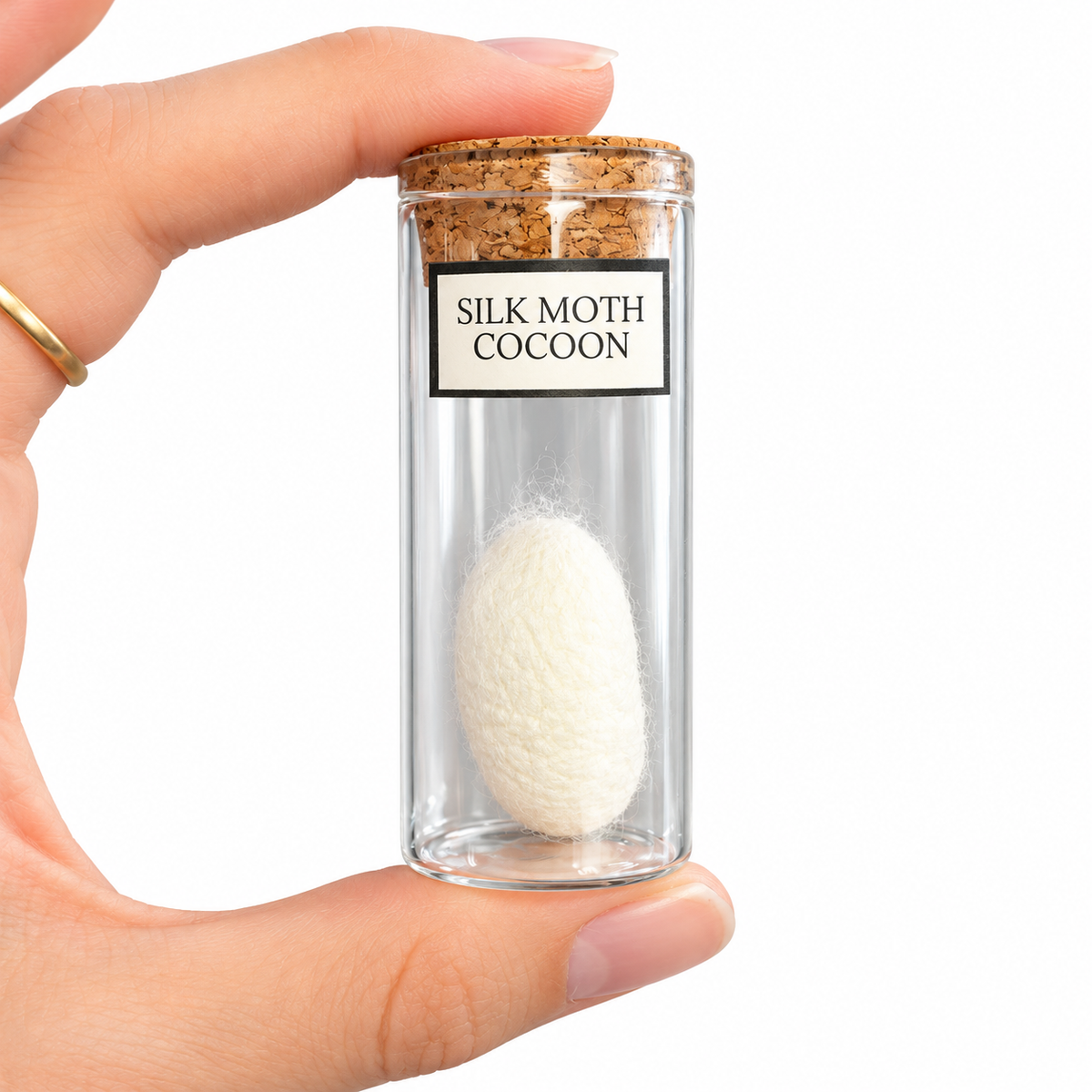 Silk moth cocoon displayed in a corked glass vial, held for scale against a white background.