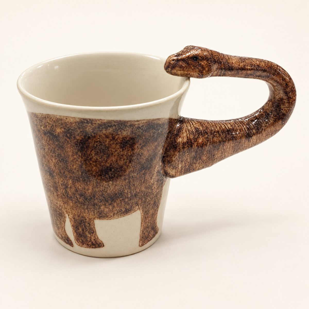 Brontosaurus Ceramic Mug on a warm ivory background