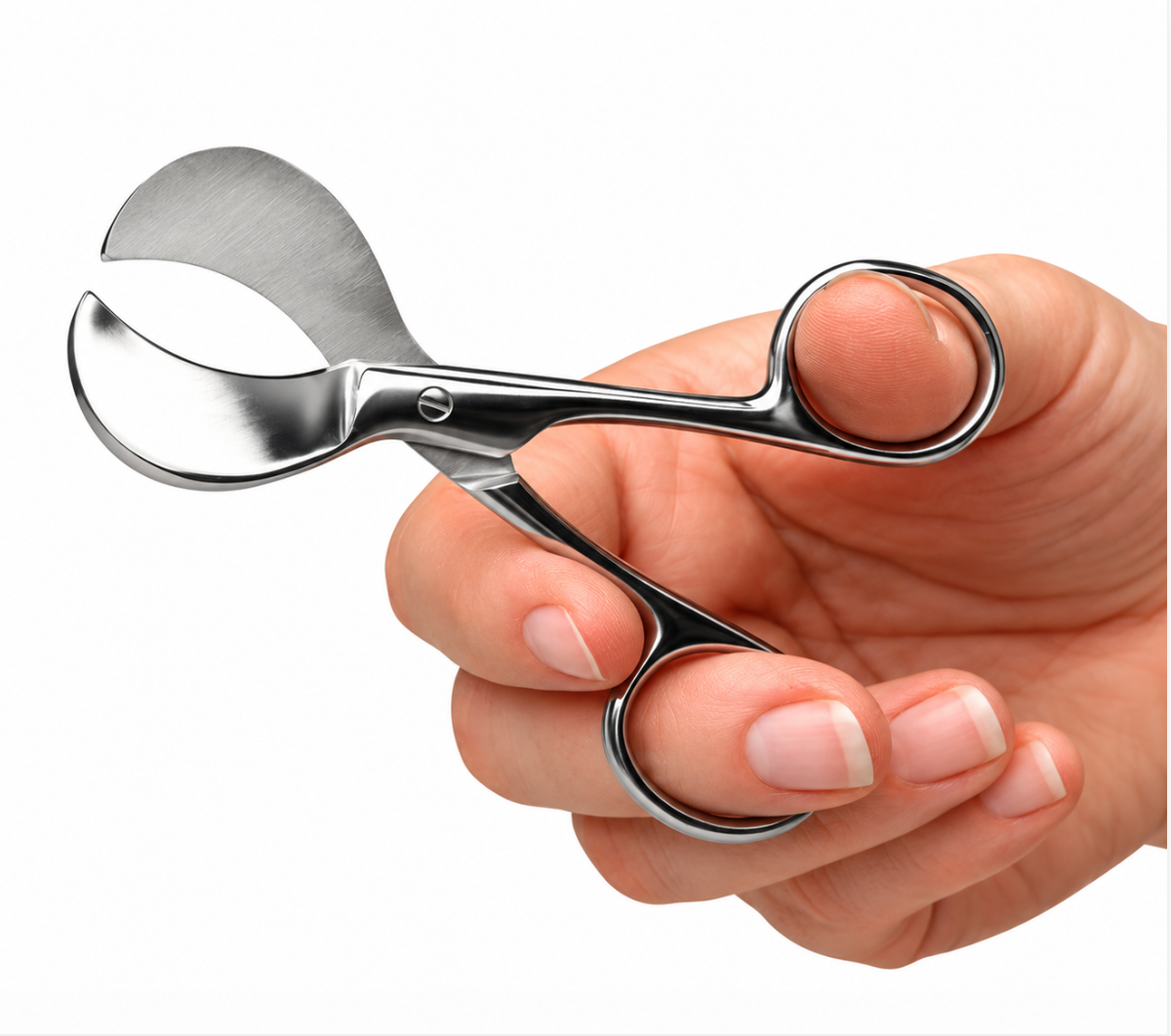 Stainless steel umbilical cord scissors with broad curved blades held in a hand for scale