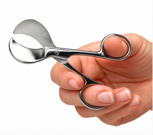 Stainless steel umbilical cord scissors with broad curved blades held in a hand for scale