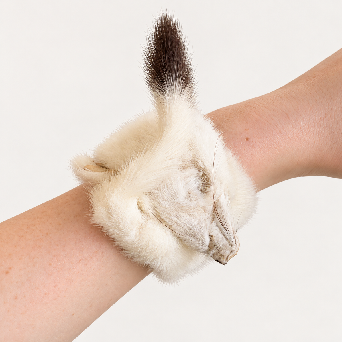 Natural mink pelt slap bracelet worn around a wrist; individual pelts vary.