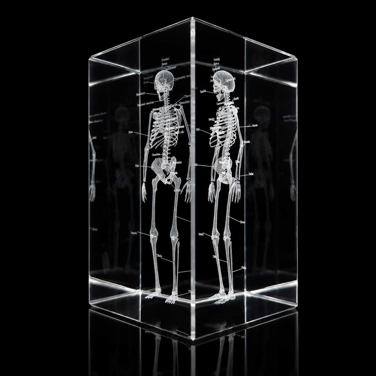 Skeleton paperweight angled view on black background