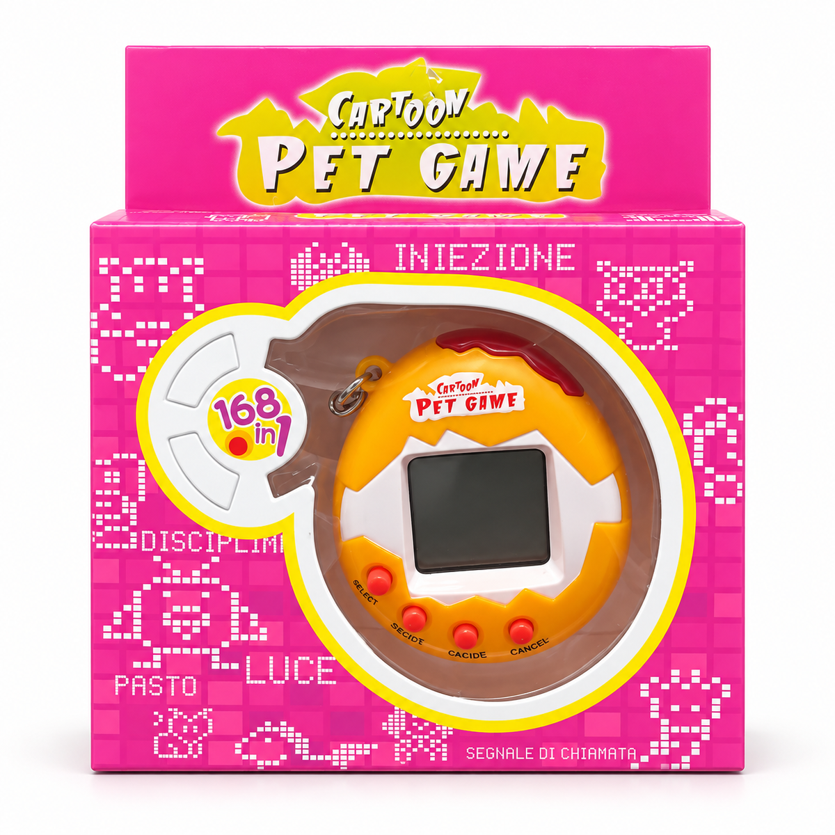 Packaged virtual pet game in an example yellow-orange color; assorted colors vary.