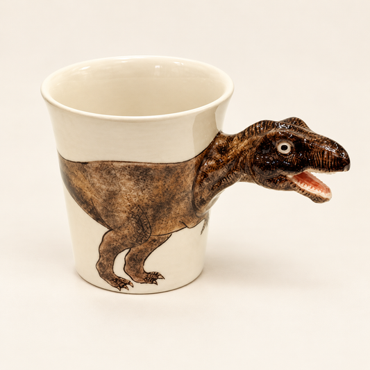 Tyrannosaurus Rex Ceramic Mug on a warm ivory background