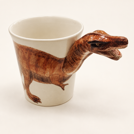 Velociraptor Ceramic Mug on a warm ivory background