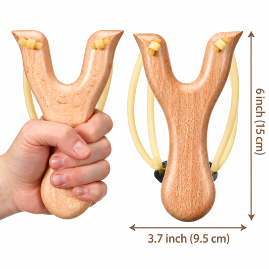 Wooden slingshot shown in hand and with dimensions of 6 inches tall by 3.7 inches wide