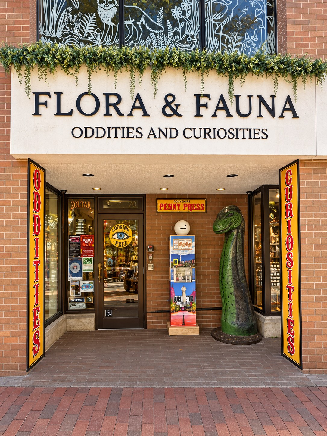 FLORA & FAUNA storefront on Church Street with Champ and the penny press