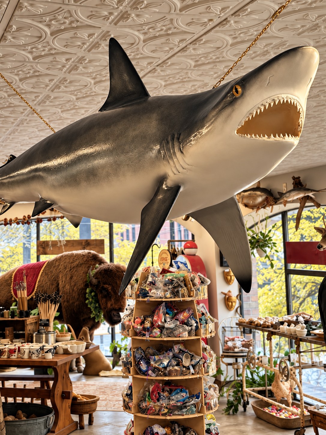 The suspended shark above the FLORA & FAUNA shop
